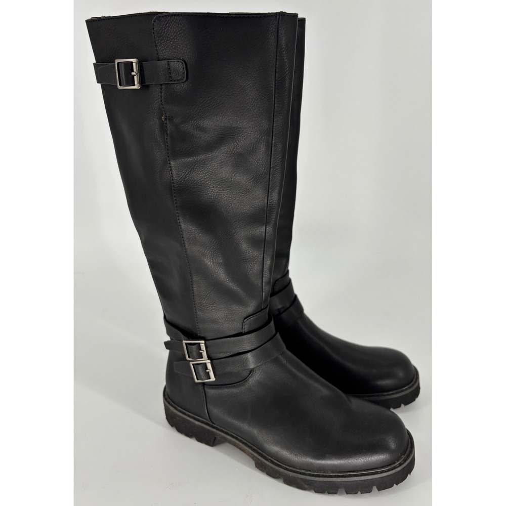 Korks Fay Tall Boots Black Women Size 6.5 Buckle Round Toe Side Zipper Lug Sole
